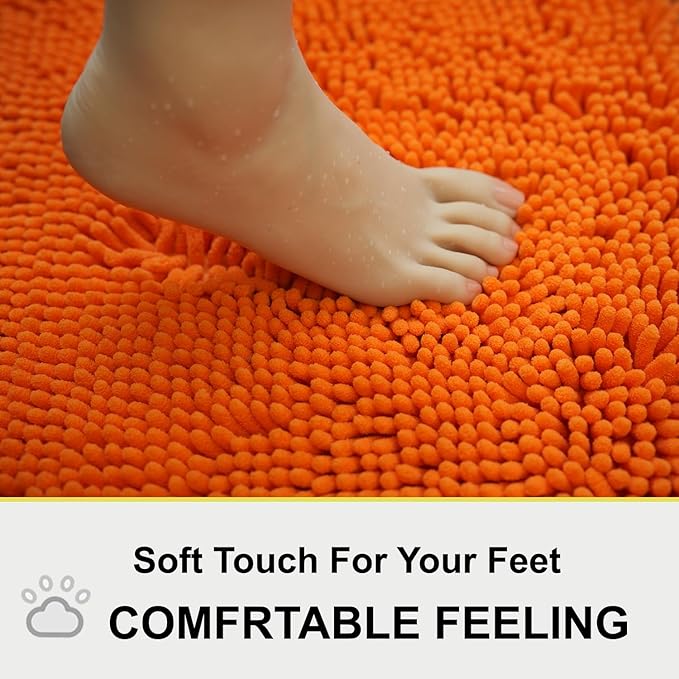 Bathroom Rugs Chenille 3-Piece Extra Soft and Absorbent Shag Bathroom Rugs, Machine Wash Mat, Strong PVC Non-Slip Underside, Plush Carpet Mats (Orange)