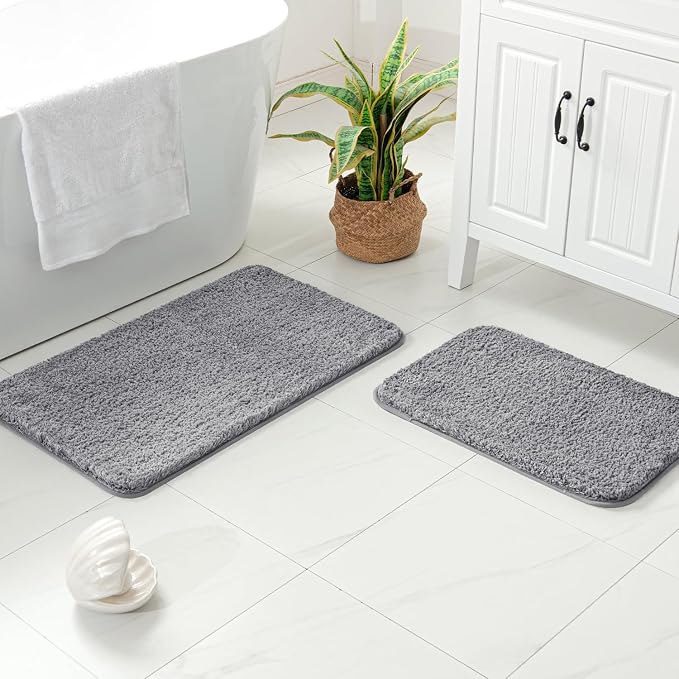 MIULEE Grey Bathroom Rugs Set 2 Piece Soft Bath Mats 16x24+20x30 Inch | Soft Absorbent Microfiber Bath Rugs, Non Slip, Quick Dry, Fluffy Bath Rugs for Bathroom Floor Tub Showers, Machine Washable