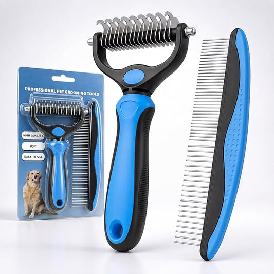 Pet Pro Grooming Tool for Dogs & Cats - Double Sided Deshedding Brush Undercoat Rake Dematting Comb, Reduces Shedding & Detangles Matted Fur(Blue-Large)
