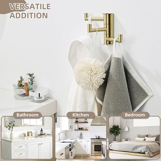Angle Simple Towel Hook Swivel, SUS304 Stainless Steel 3 Arms Bath Towel Holder, Robe Hook Bathroom Wall, Brushed Gold