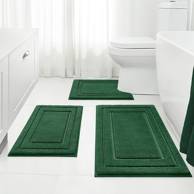 HOMEIDEAS Dark Green Bathroom Rugs Set of 3, Non Slip Bath Mats | Super Absorbent, Plush Microfiber, Machine Washable, Stain Resistant, Easy Care, Perfect for Modern Bathroom Decor