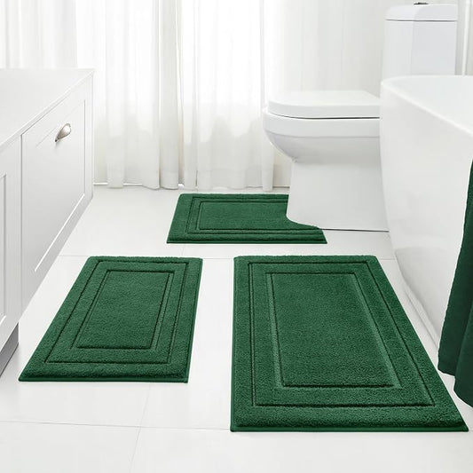 HOMEIDEAS Dark Green Bathroom Rugs Set of 3, Non Slip Bath Mats | Super Absorbent, Plush Microfiber, Machine Washable, Stain Resistant, Easy Care, Perfect for Modern Bathroom Decor