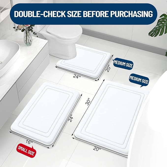 Grandaily Memory Foam Bath Mat Rug 30x20, Ultra Soft, Non-Slip and Absorbent Bathroom Rugs, Machine Wash Dry, Comfortable Bath Carpet for Bathroom Floor, Tub and Shower, White