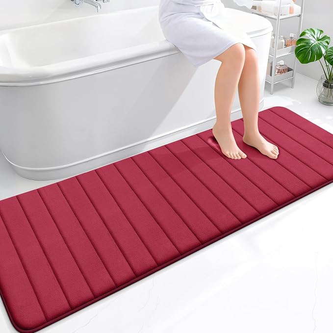 OLANLY Memory Foam Long Bathroom Rugs Runner 70x24, Super Soft Absorbent | Burgundy, Quick Dry Bath Mat, Machine Washable Shower Floor Rugs, Bathmat Carpet for Bathroom Floor, Tub and Shower
