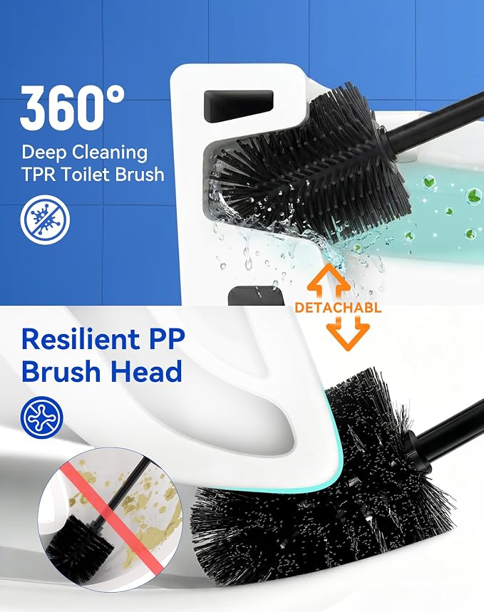 Dowry Toilet Bowl Brush and Holder for Bathroom, Deep Cleaning Toilet Brush and Holder Set with Long Handle, Hidden Toilet Bowl Scrubber with Replaceable Head,Modern Decor Black Round