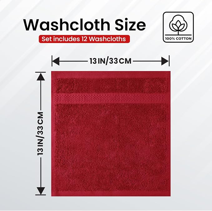 Infinitee Xclusives 100% Cotton Luxury Wash Cloths for Showering - 12 Pack | Washcloths [13x13] - Soft and Absorbent Face Towels for Bathroom Wash Clothes - Gym, Spa & Hotel Use