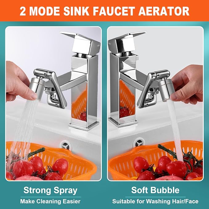 Spurtar 1440° Sink Faucet Aerator Extension Swivel Faucet Extender, 2 Sprayer Modes Rotatable Bathroom Kitchen Head Replacement Tap Attachment with Filter for G 1/2", 55/64",15/16"
