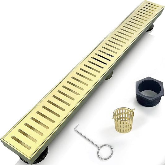28 Inch Linear Shower Drain Bathroom Kitchen Golden Floor Drain Removable Capsule Pattern Cover Accessories Shower Drain 304 Stainless Steel Drain with Hair Strainer Adjustable Leveling Feet