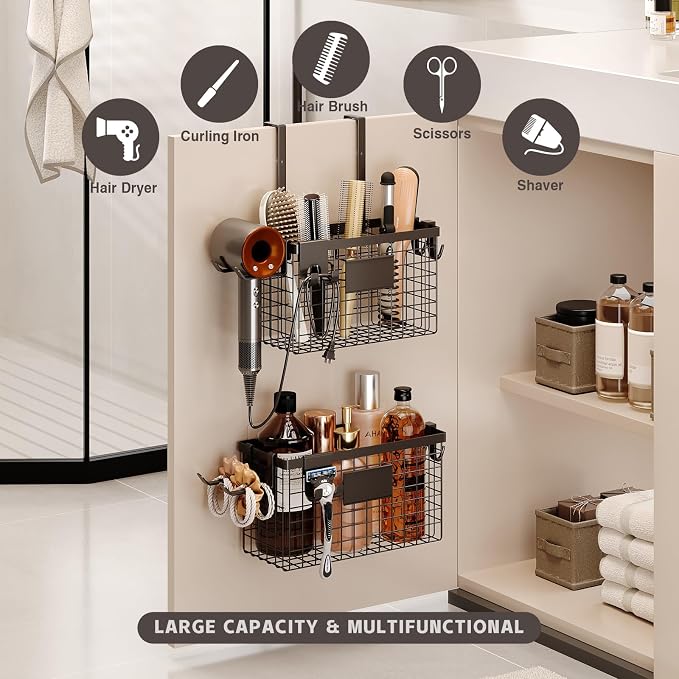 Magheo Hair Dryer Holder Cabinet Door 3-in-1 Adhesive Hair Tool Organizer Wall Mounted Adjustable Height Blow Dryer Holder Under Sink Bathroom Hair Appliance Organizer and Storage Countertop(Black)