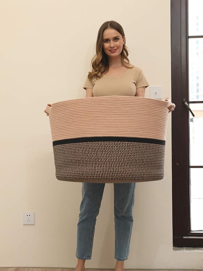 24" x 24" x 17" Max Size Large Cotton Rope Basket, Extra Large Storage Basket, Woven Laundry Hamper, Cloth Storage Bin, for Blankets Clothes Towels Pillows in Living Room, Beige Red/Black Mix