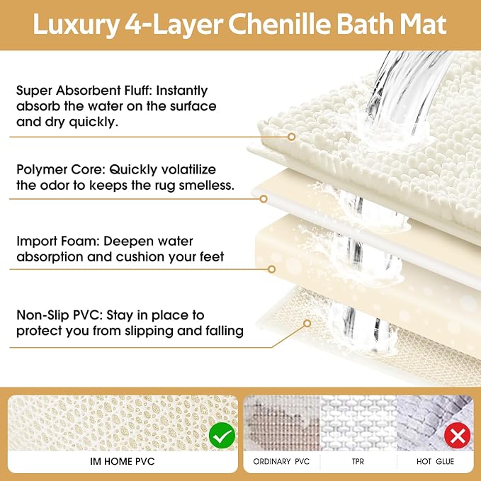 ACCUMTEK Striped Ice Cream Bathroom Rug Set 3 Pieces Ultra Soft, Non Slip Chenille Toilet Mat, Absorbent Plush Shaggy Bath Mats for Bathroom, Bedroom, Kitchen