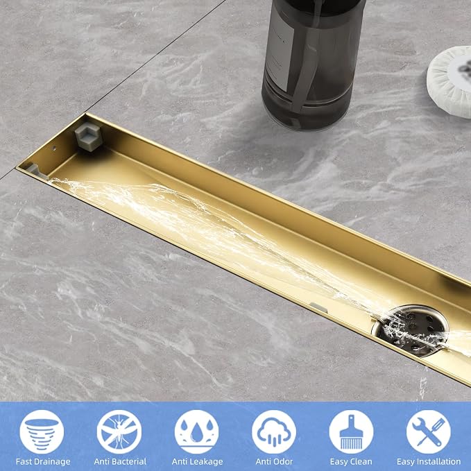 Linear Shower Drain ，with Tile Insert Panels ，18 Inch Brushed Gold 304 Stainless Steel Rectangle Shower Floor Drain，with Hair Catcher, Adjustable Feet