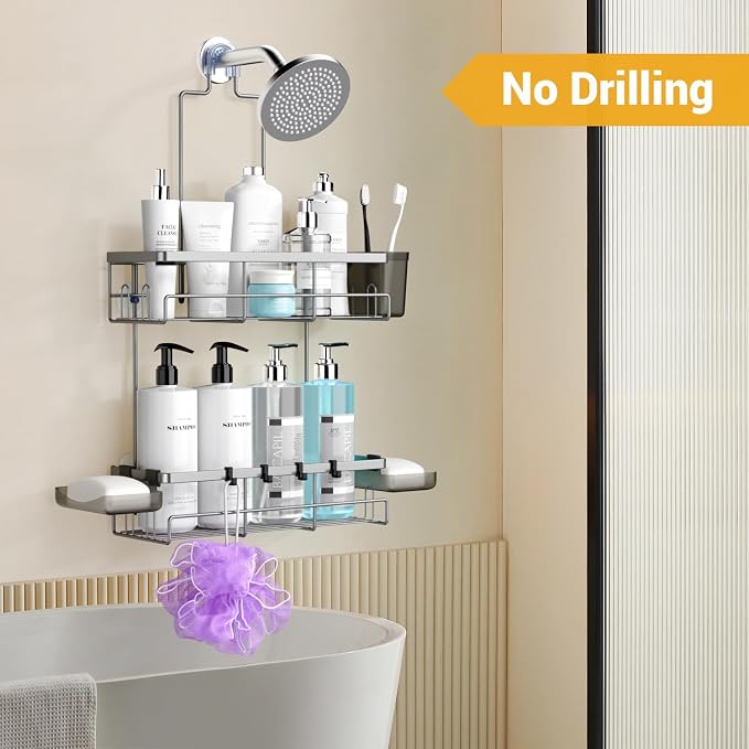 Hanging Shower Caddy Over Showerhead - Rustproof No Drill Shower Organizer | Includes Soap Holder and Hooks for Shampoo, Conditioner, and Bathroom Essentials with Quick Drainage Design