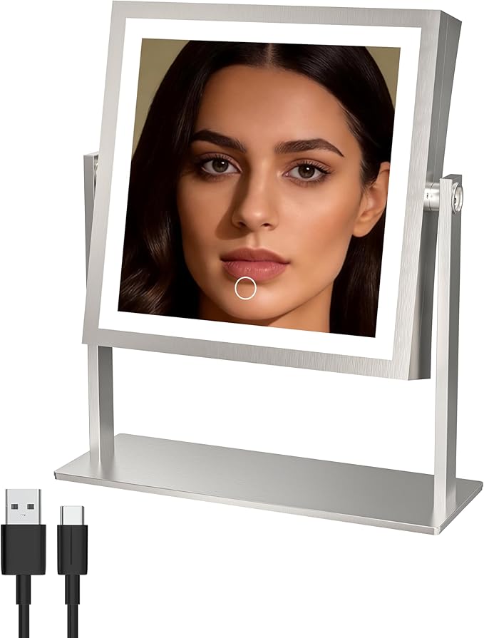 Ruacq Makeup Mirror with Lights, Dual Sided 1X/10X, Brushed Nickel | 8",4000mAh Rechargeable, Magnifying Mirror with 3 Color Lights,Touch Control Dimmable, 360° Rotation, Square, Gift for Women
