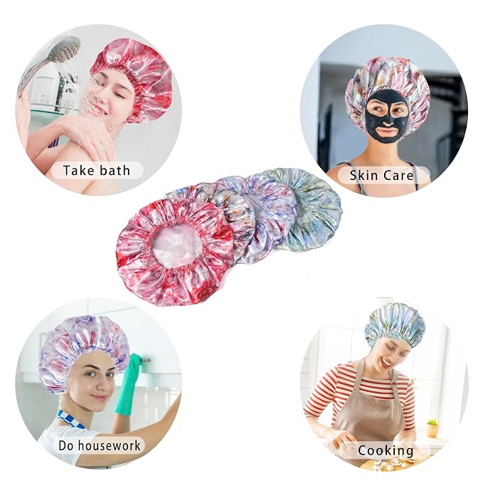 Shower Caps for Women, 4 PCS Reusable Waterproof Bath Cap | Double Layer, Washable, Wide Elastic Band, Holds Long Hair, Caps for Bath Accessories, Spa, Travel Home - Flower