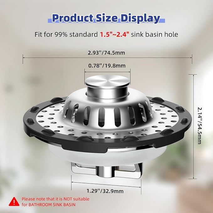 Universal Bathtub Drain Stopper Metal Hair Catcher, Top Strainer, Chrome | Shower Drain Tub Stopper with Stainless Steel Visible Filter Basket, Upgraded 3 in 1 Pop-up Drain Plug for 1.5 to 2.4" Hole
