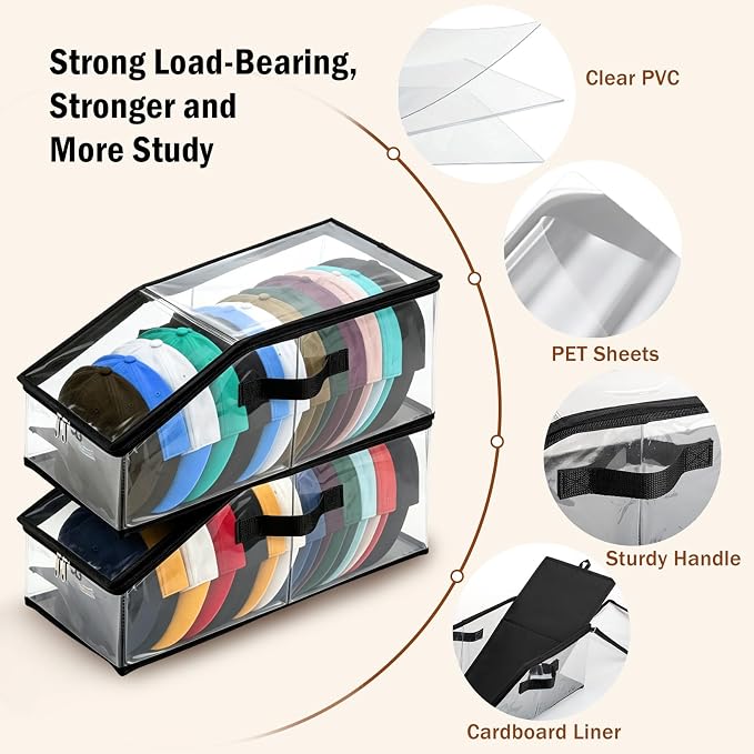 Foldable Clear Baseball Cap Storage Organizer – Stackable Transparent Hat Display Case with Zipper Closure 2PCS– Space-Saving Protective Unit for Baseball Caps & Accessories Black Trim