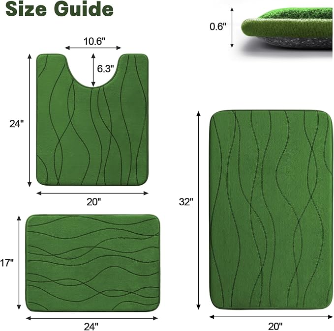 Bathroom Rugs Set 3 Piece, Memory Foam Bath Mat Green | Ultra Soft, Absorbent, Non-Slip, Machine Washable, for Bathroom, Sink and Toilet