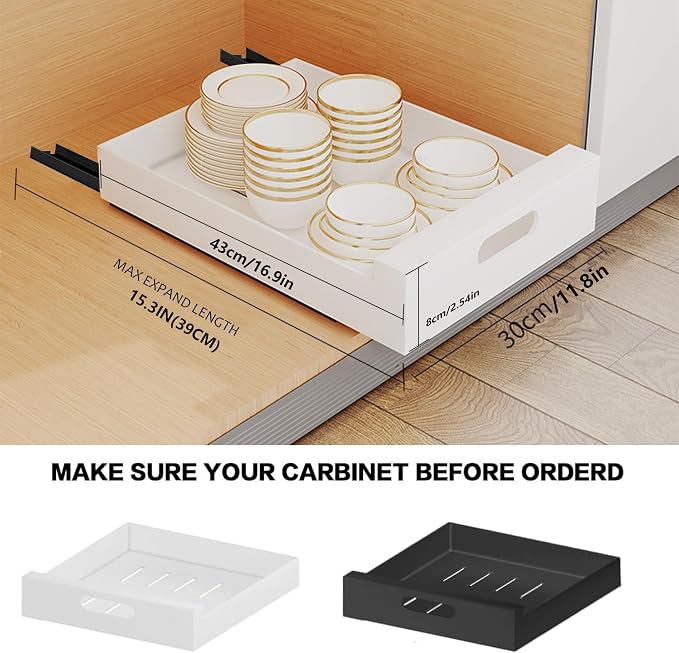 bealy 1 Pack Pull Out Cabinet Organizer Adhesive, 12'' W x 16.9" D x 3.1'' H Heavy Duty Carbon Slide Out Pantry Shelves, Sliding Drawer Pull Out Pantry Shelves for Kitchen, Living Room, Home