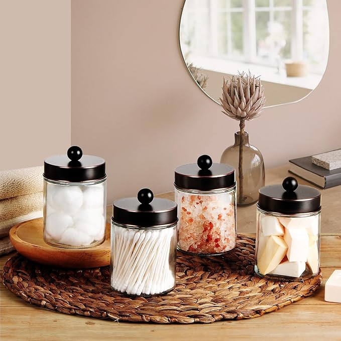 Amolliar 6 Pack Apothecary Jars Bathroom Organizer - Rustic Farmhouse Decor Qtip Holder with Stainless Steel Lids - Glass Bathroom Storage Canisters for Cotton Swabs, Rounds, Balls, Flossers (Bronze)