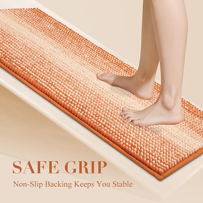 Fall Bathroom Rugs, 17x24 Chenille Bath Mats, Pumpkin Orange | Extra Soft Absorbent, Non Slip Striped, Quick Dry Machine Washable, Shower Rug for Bathroom Bedroom Decor