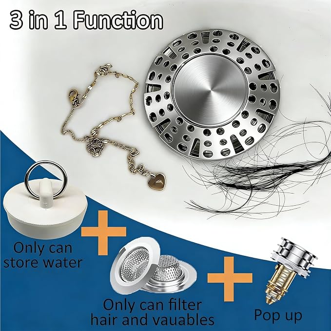 AzWzz Bathtub Drain Stopper,Pop Up Tub Stopper Plug with Hair Catcher Cover | All-metal, Universal for 1.45 in to 1.8 in Tub Drain, Brushed Nickel