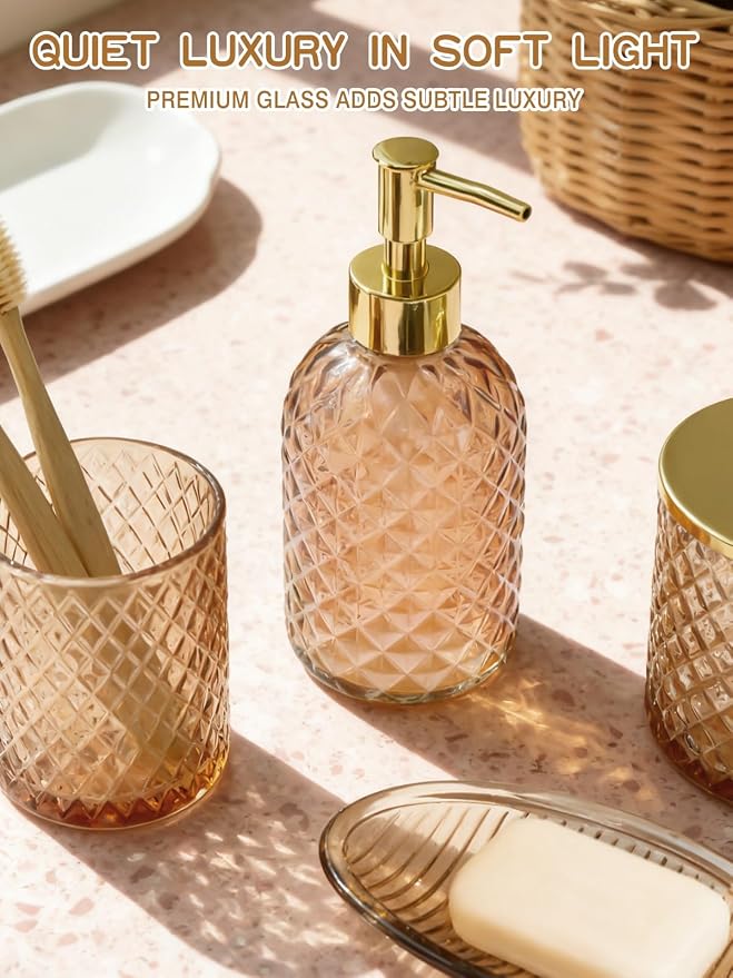 Haturi Glass Bathroom Accessories Set, Amber Brown Bathroom Set, 4 Pcs | Kit w/ Bathroom Soap Dispenser Set, Toothbrush Holder, Qtip Holder, Soap Dish, Brown Bathroom Decor, Gift for Home Apartment