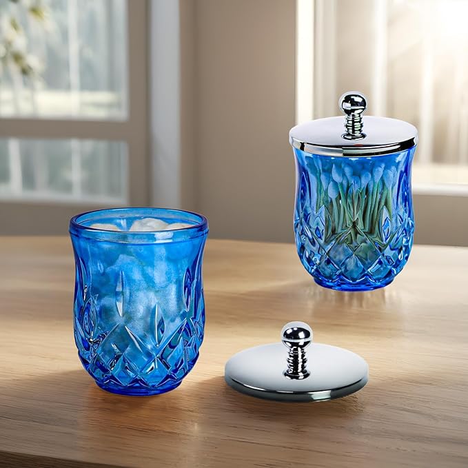 10Oz Blue Glass Q-Tip Holder, Thick Glass & Silver Lid | Round Design, for Q-Tips, Cotton Pads, Jewelry, Candy, Square