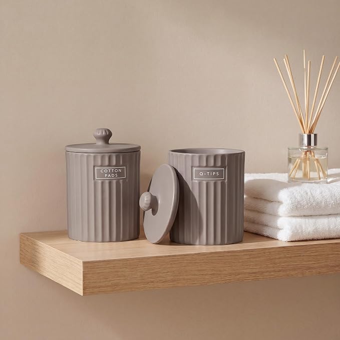 Ronasip Ceramic Bathroom Organizer and Storage Jars with Lid, 2 Pack Qtip Holder and Cotton Pad Dispenser, Apothecary Canisters for Vanity, Kitchen Countertop, Home Decor (2, Gray)