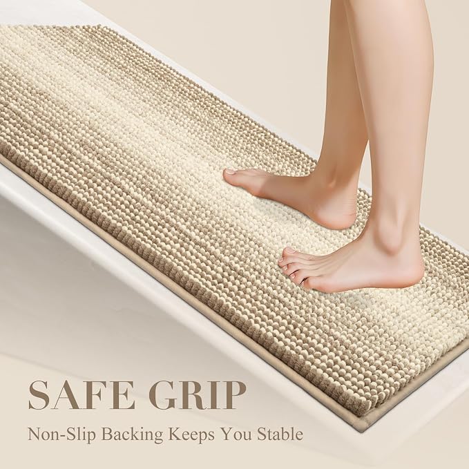 Large Bathroom Rugs Runner, 20x47 Chenille Bath Mats, Tan | Extra Soft Absorbent, Non Slip Striped, Quick Dry Machine Washable, Shower Rug for Bathroom Bedroom Decor