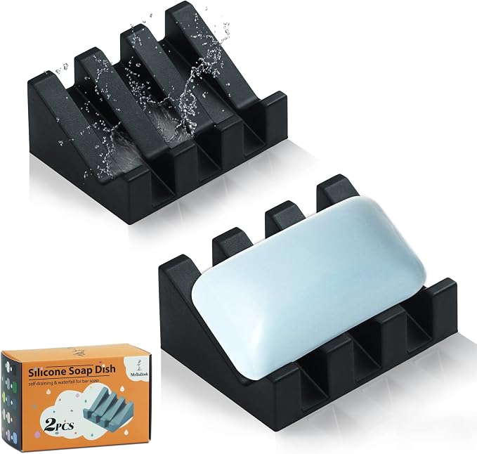 Self Draining Silicone Soap Dish Holder Waterfall Tray, 2 Pack Black | Waterfall design drains fast to keep soap dry, non-slip silicone base anti slide, soap saver for bathroom & kitchen