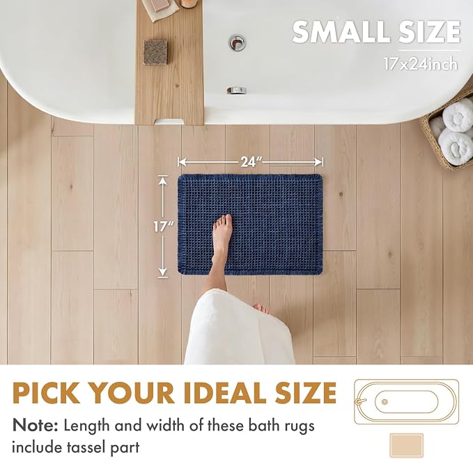 MIULEE Set of 2 Waffle Bathroom Rugs Boho Bath Mat Navy Blue 17x24 Inch | Non Slip, Super Absorbent, Washable, Ultra Soft, Rubber Backed, Small Bath Rugs for Bathroom Floor Tub Shower