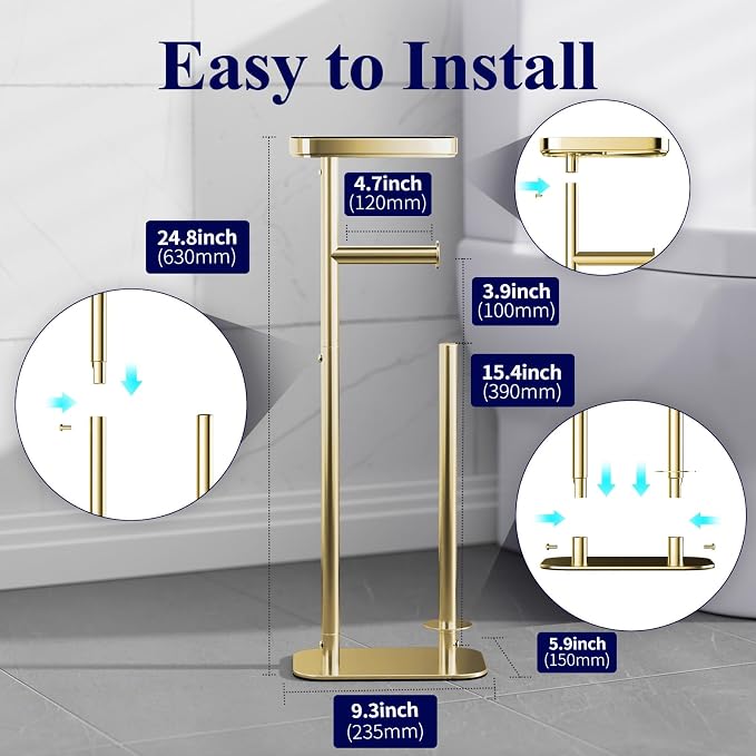 Kitsure Metal Toilet Paper Holder Free Standing, Medium, Chrome Gold | Rustproof Toilet Paper Stand for 4 Rolls, Bathroom Organizers and Storage with Anti-Slip Base and Plastic Shelf