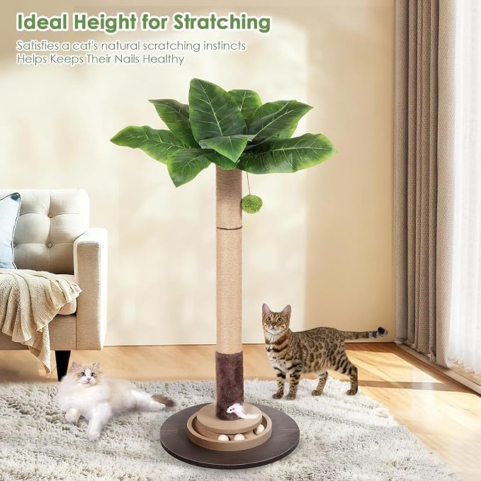35" Sisal Rope Cat Scratching Post, Palm Leaf Cat Tree with Hanging Ball & Mouse Toy for Kittens & Adult Indoor Cats