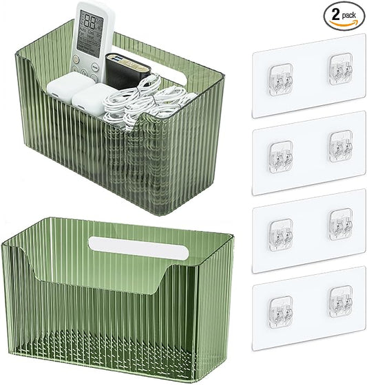 Set Of 2 Storage Organizer Bins Wall Mounted Shower Basket, Shower Caddy Stackable Clear Plastic Makeup Organizer Adhesive Hanging Bin for Bathroom, Kitchen, Cabinet, Pantry, BPA Free, Green