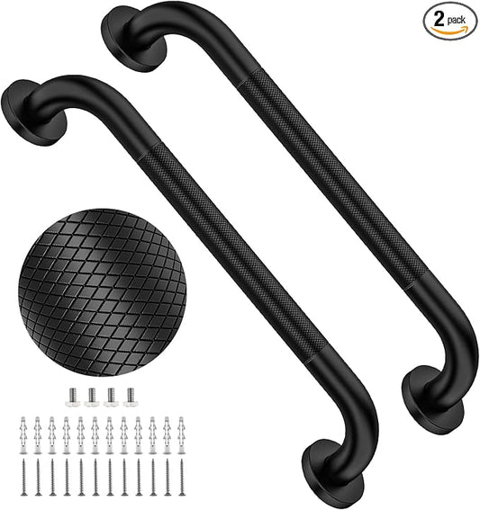 20 Inch Black Shower Grab Bar with Anti-Slip Knurled Grip,YuanDe Stainless Steel Bathroom Grab Bars，Shower Handrail Support, Handicap Elderly Balance Assist Handles