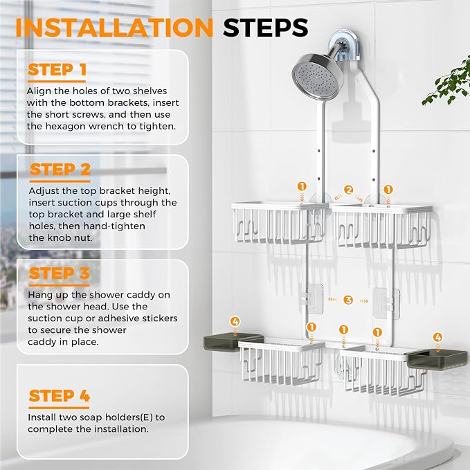 Adjustable Aluminum Shower Caddy Hanging for Handheld Showerhead, White | Rustproof Aluminum, Shower Organizer, Anti-Slip, Quick-Drain Shelf, 40lbs Capacity, Suction Cups, 8 Hooks, Razor Soap Holders
