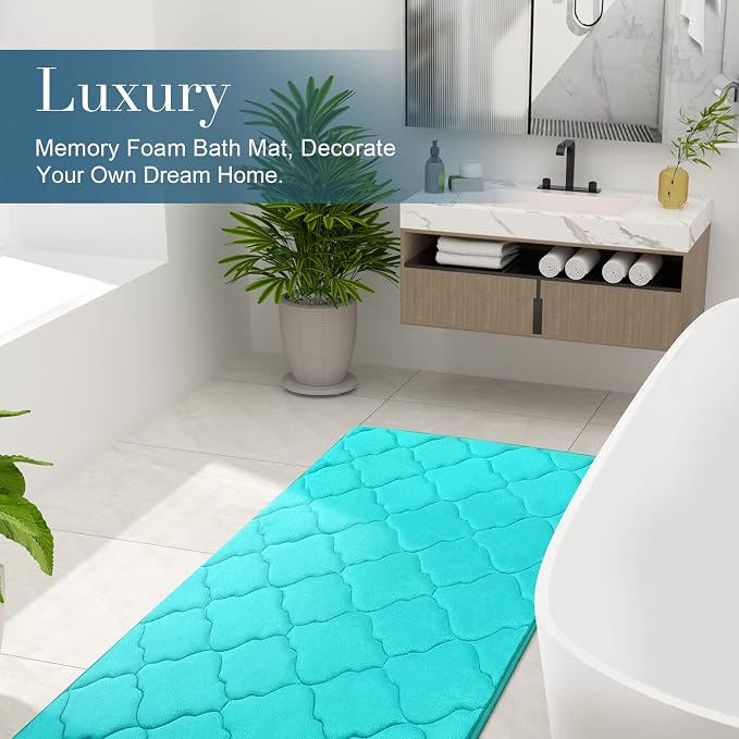 OLANLY Memory Foam Bath Mat Rug 47x32, Ultra Soft Bathroom Rugs, Teal | Thick Absorbent Carpet, Non-Slip Backing, Machine Washable, for Bathroom Floor, Tub, Shower and Home Decor Accessories