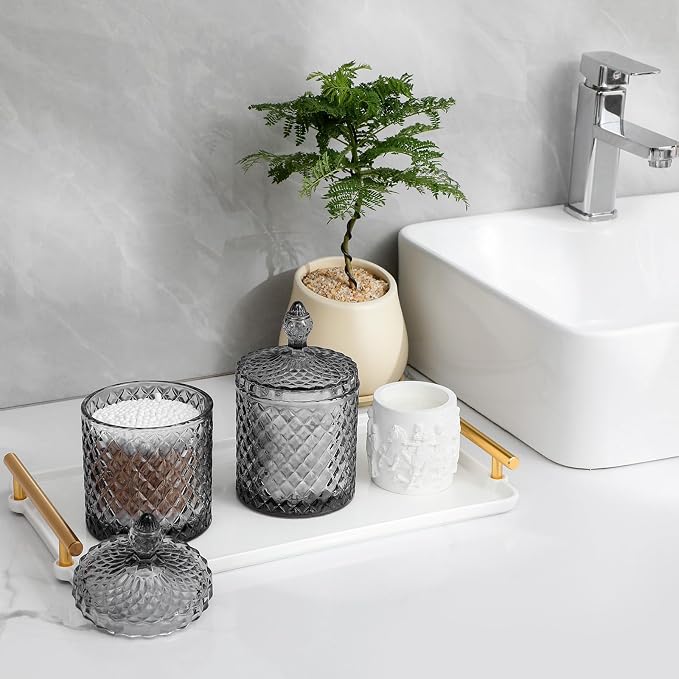 2 Pack Qtip Holder Glass Apothecary Jars with Lid for Bathroom Canisters Dispenser Decor Storage Organizer for Cotton Swabs, Balls, Pads, Floss Picks, Candy, Grey