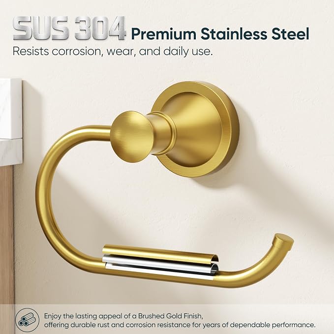 BESy Brushed Gold Toilet Tissue Paper Holder Brushed Gold Bathroom Accessories Toilet roll Paper Hanger, Wall Mounted, Rustproof