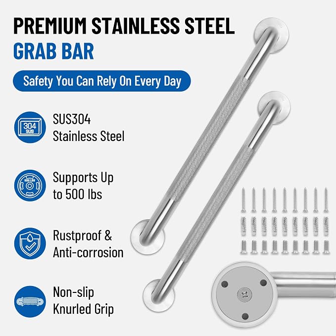 Mrhand Shower Safety Bars for Seniors,Handicap Grab Bars,2 Pack 36 inch | SUS 304 Stainless Steel,Non-slip Knurled Brushed, ADA Compliant,Suitable for Bathroom,Shower,Bathutb,Toilet Wall