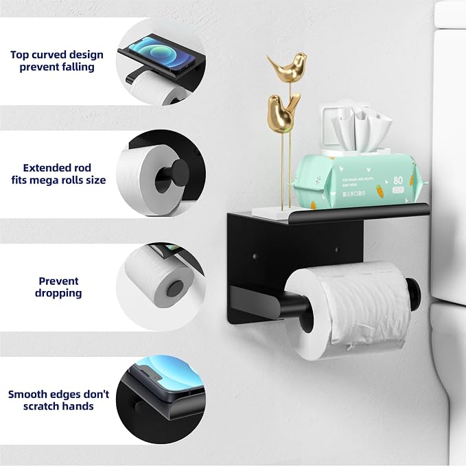 GLNLQ Matte Black Toilet Paper Holder with Shelf, Fits Mega Rolls Size | Adhesive or Screw-in, Waterproof and Rustproof Stainless Steel, Wall Mount Design, Modern Stylish Design, for Bathroom, RV