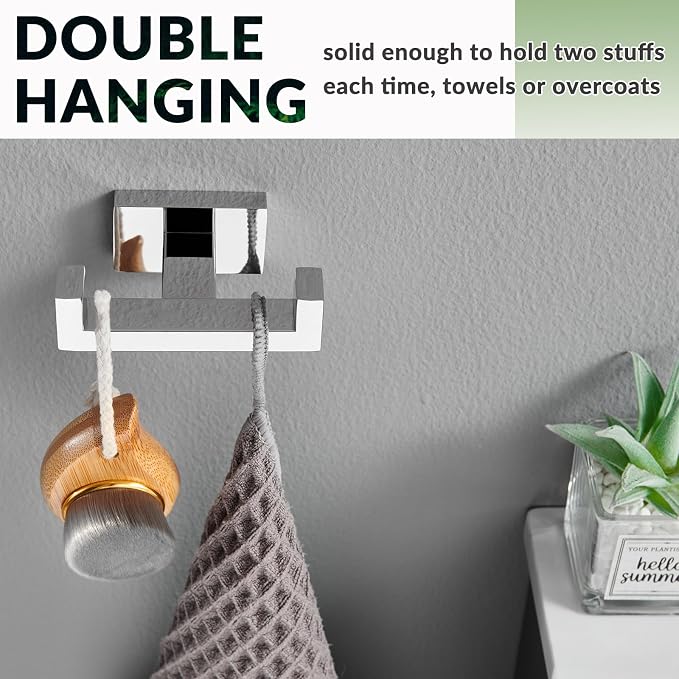 APLusee Square Double Towel Hook, 304 Stainless Steel Dual Coat Holder, Modern Bathroom Kitchen Storage Hanger Wall Mounted, Polished Chrome
