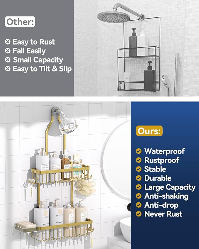 Never Rust Shower Caddy Hanging, Aluminum Shower Racks for Inside Shower, 2-Tier Shower Organizer Hanging Over Shower Head with Hooks and Soap Holder, Gold