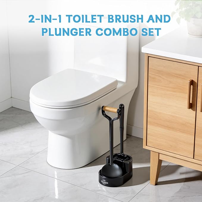 Sellemer Toilet Brush and Plunger Set, Curved Head for Deep Cleaning, Black | Brush and Plunger set, Curved Nylon Bristles for Deep Clean, Strong Suction Plunger, Ventilated Holder for Quickly Air Dry