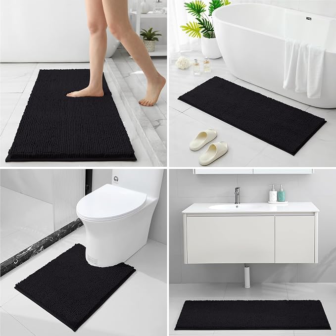 HOMEIDEAS Black Long Chenille Bathroom Rugs Set of 3, Non Slip Bath Mat | Super Absorbent, Soft Microfiber, Machine Washable, Stain Resistant, for Bathroom Decor