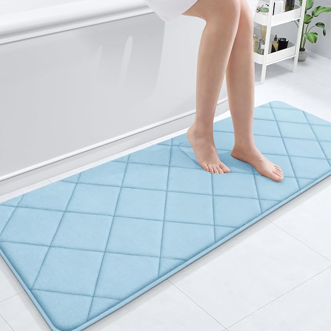 OLANLY Memory Foam Bath Mat 59x20, Ultra Soft and Absorbent Bathroom Rugs | Sky Blue, Quick Dry, Machine Washable Shower Bath Rugs, Comfortable Bath Carpet for Bathroom Floor, Tub and Shower