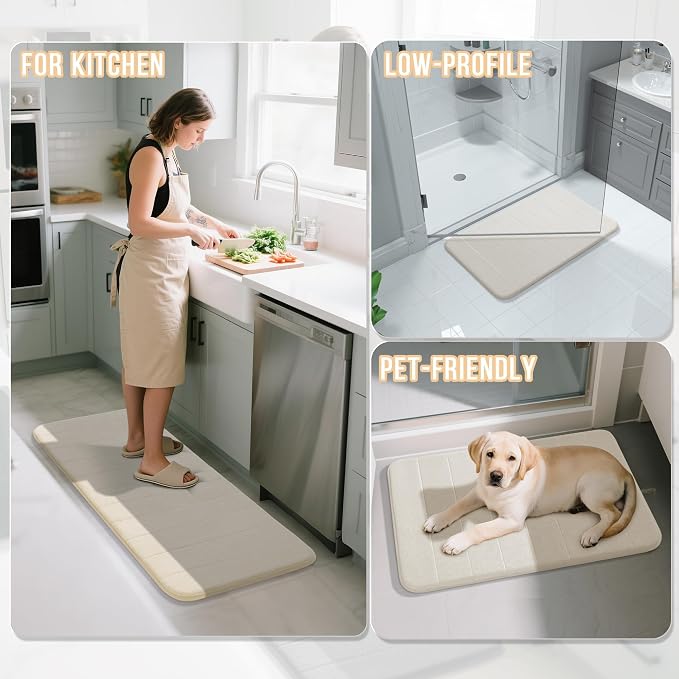 Yimobra 3 Pieces Memory Foam Bath Mat Set with U-Shaped Toilet Rug - Non Slip Super Soft Absorbent Quick Dry Bathroom Rugs for Bathtub, Vanity & Toilet Base, Cream White