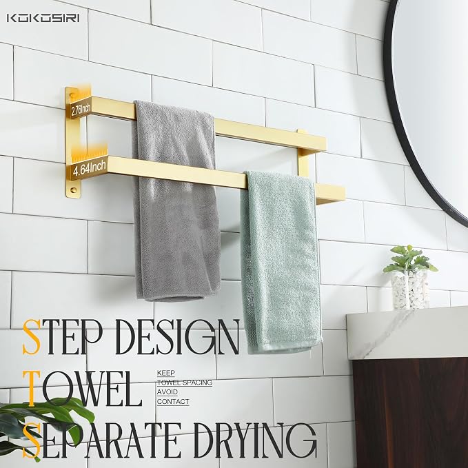 KOKOSIRI Bath Towel Bars Bathroom 2-Tiers Ladder Brushed Gold Towel Rails 24 Inches Towel Holders Wall Mounted Towels Shelves Rack Stainless Steel, B5008BG-L24