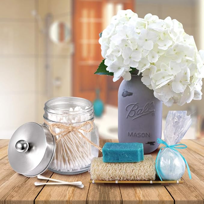 SheeChung Glass Mason Jar Qtip Holder, Brushed Nickel Stainless Steel Lid | Clear Apothecary Jar Canisters Set,Bathroom Jar Dispenser,Vanity Storage Organizer for Cotton Swab,Ball,Floss,Farmhouse Decor